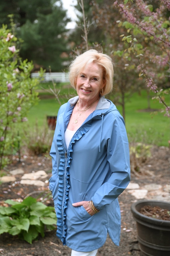 Kelly Hooded Rain Coat - Light Blue w Light Blue Ruffle Ribbon (GK01)