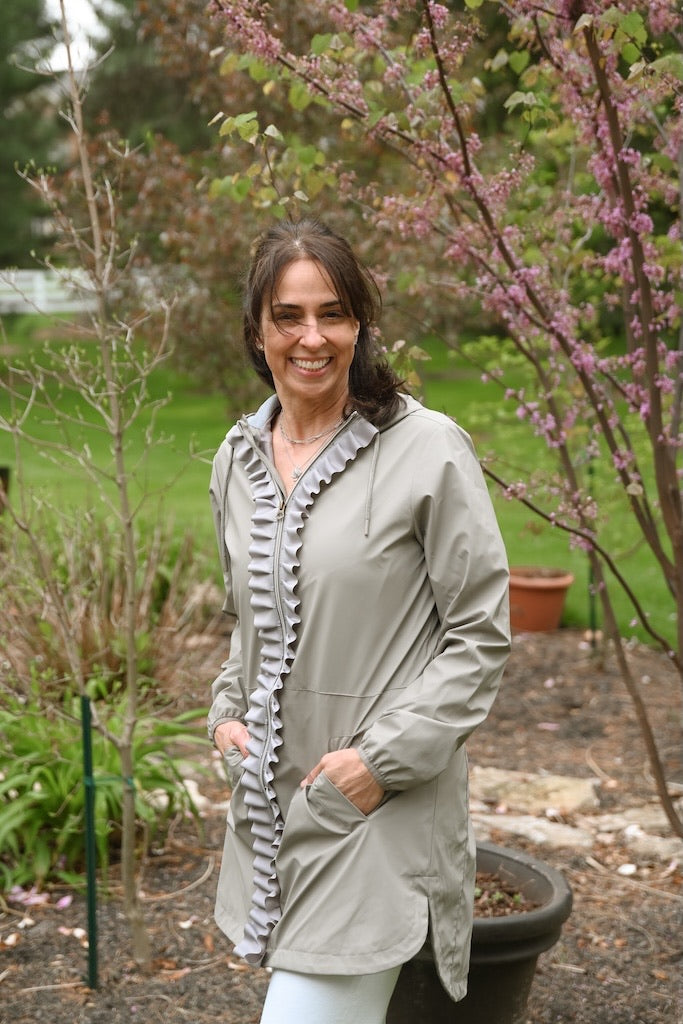 Kelly Hooded Rain Coat - Khaki w Silver Ruffle Ribbon (GK02)