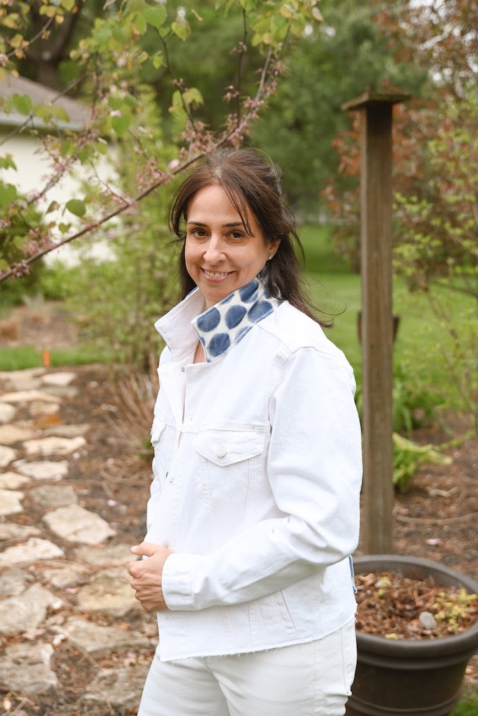 Stevie Denim Jacket - White Denim w Blue Dot Velvet (STW01)