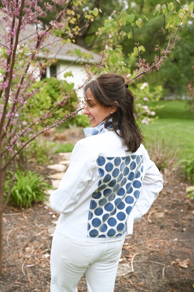 Stevie Denim Jacket - White Denim w Blue Dot Velvet (STW01)