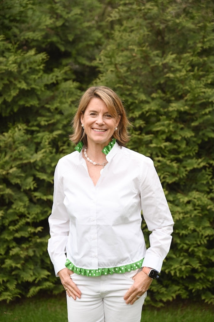Poppy Untucked Blouse - White w Green Polka Dot Ribbon (Poppy3)