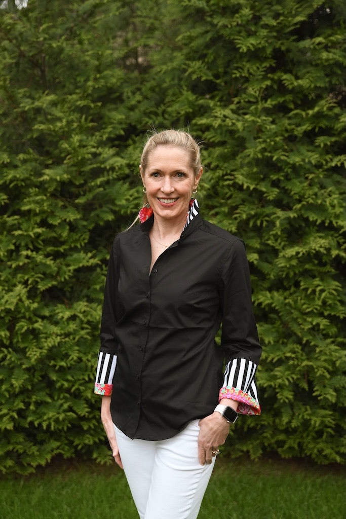 Beth Bell Sleeve - Black w Coral Floral & Black Stripe (LB60)