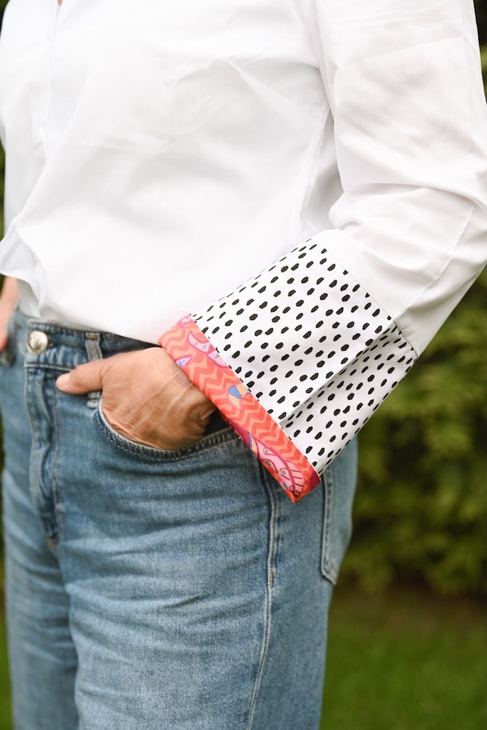 Beth Bell Sleeve - White w Orange Zigzag & Black Raindrops (LB59)