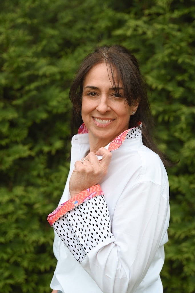 Beth Bell Sleeve - White w Orange Zigzag & Black Raindrops (LB59)