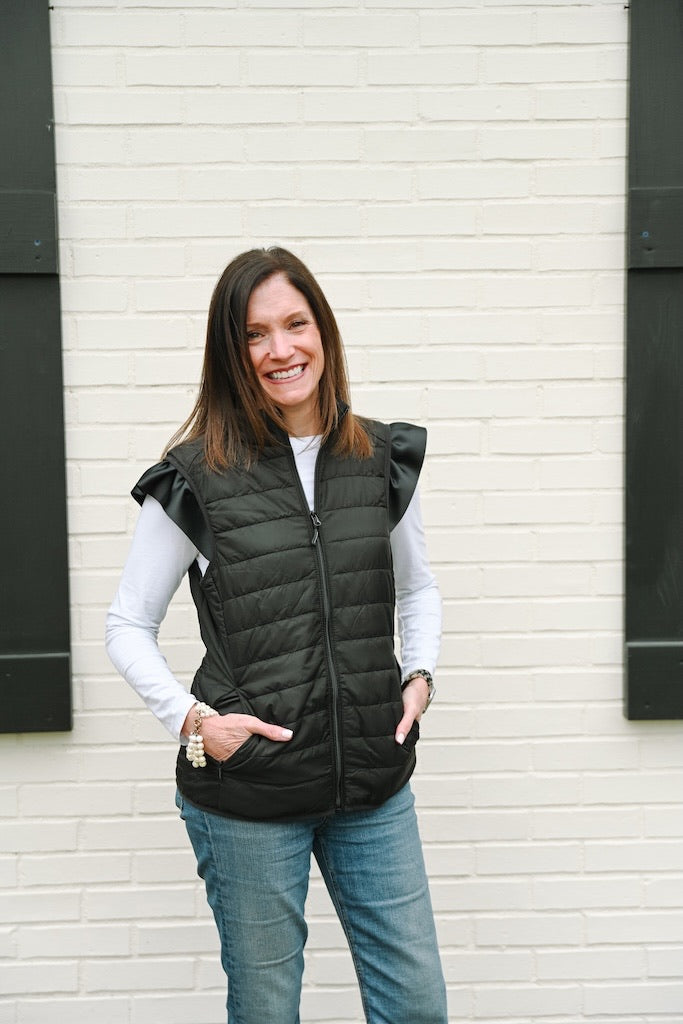 Maggie May Ruffled Shoulder Puffer Vest Black w Black (PFR01)