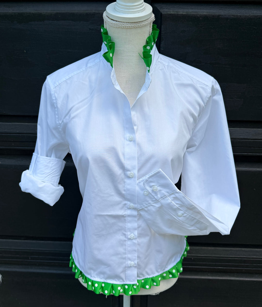 Poppy Untucked Blouse - White w Green Polka Dot Ribbon (Poppy3)