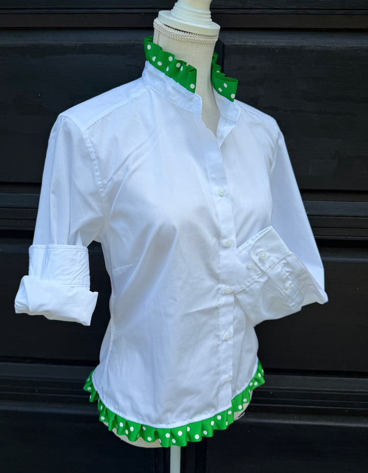 Poppy Untucked Blouse - White w Green Polka Dot Ribbon (Poppy3)