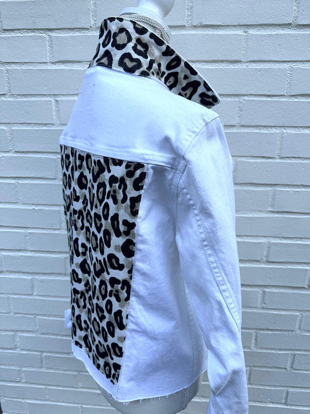 Stevie Denim Jacket - White Denim w Cheetah