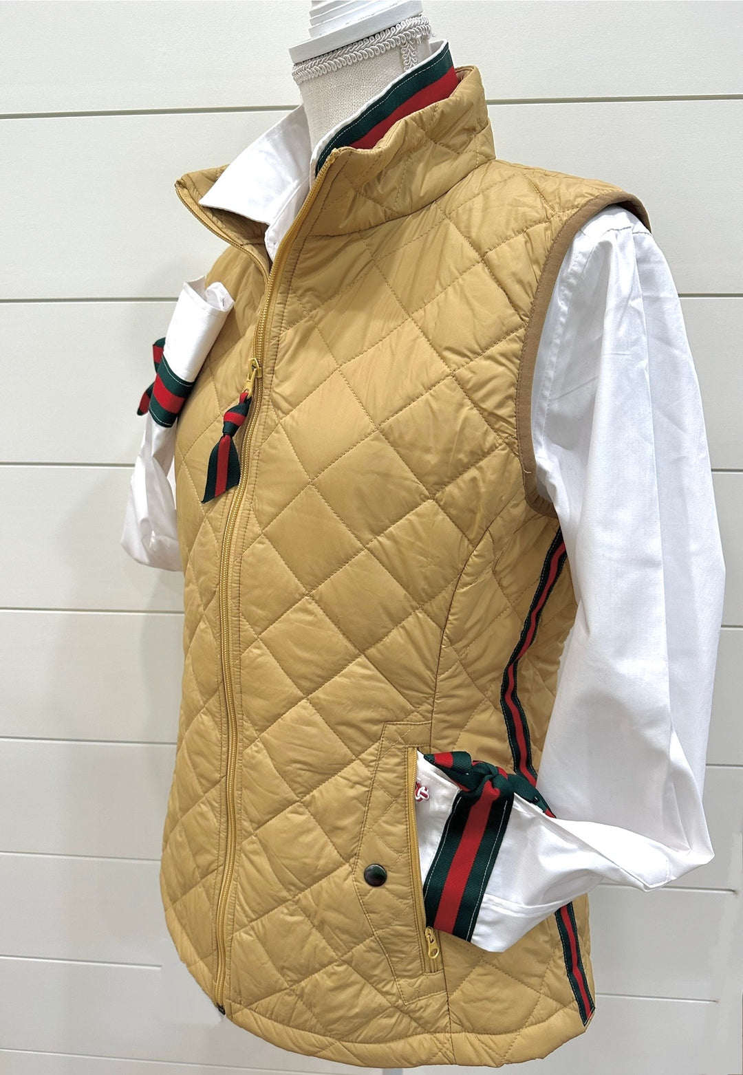 Maggie May Quilted Vest - Khaki w Green & Red Stripe Ribbon (MMQ02)