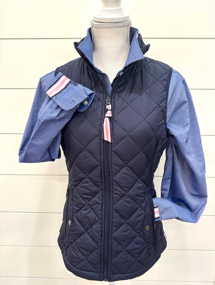 Maggie May Quilted Vest - Navy w Navy & Pink Stripe Ribbon (MMQ06)