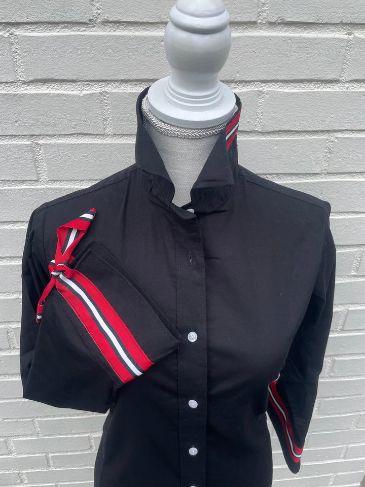 SALE - S & L ONLY - Ann Black w Black, White & Red Ribbon Tie Shirt (Ann19) *FINAL SALE*