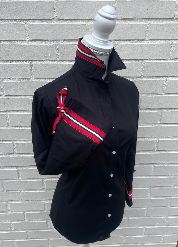 SALE - S & L ONLY - Ann Black w Black, White & Red Ribbon Tie Shirt (Ann19) *FINAL SALE*