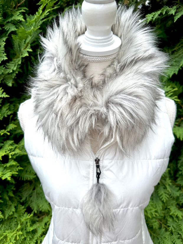 Blondie White Puffer Vest w Silver Fox Faux Fur (PFF White01)