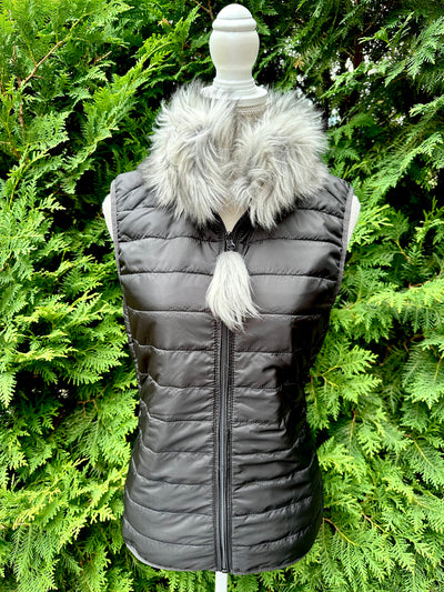 Blondie Black Puffer Vest w Silver Fox Faux Fur (PFF Black05)