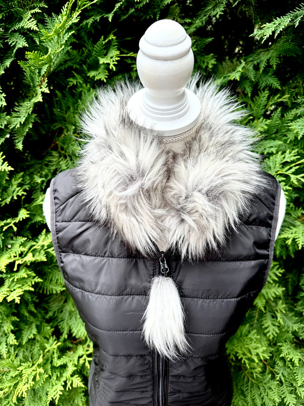 Blondie Black Puffer Vest w Silver Fox Faux Fur (PFF Black05)