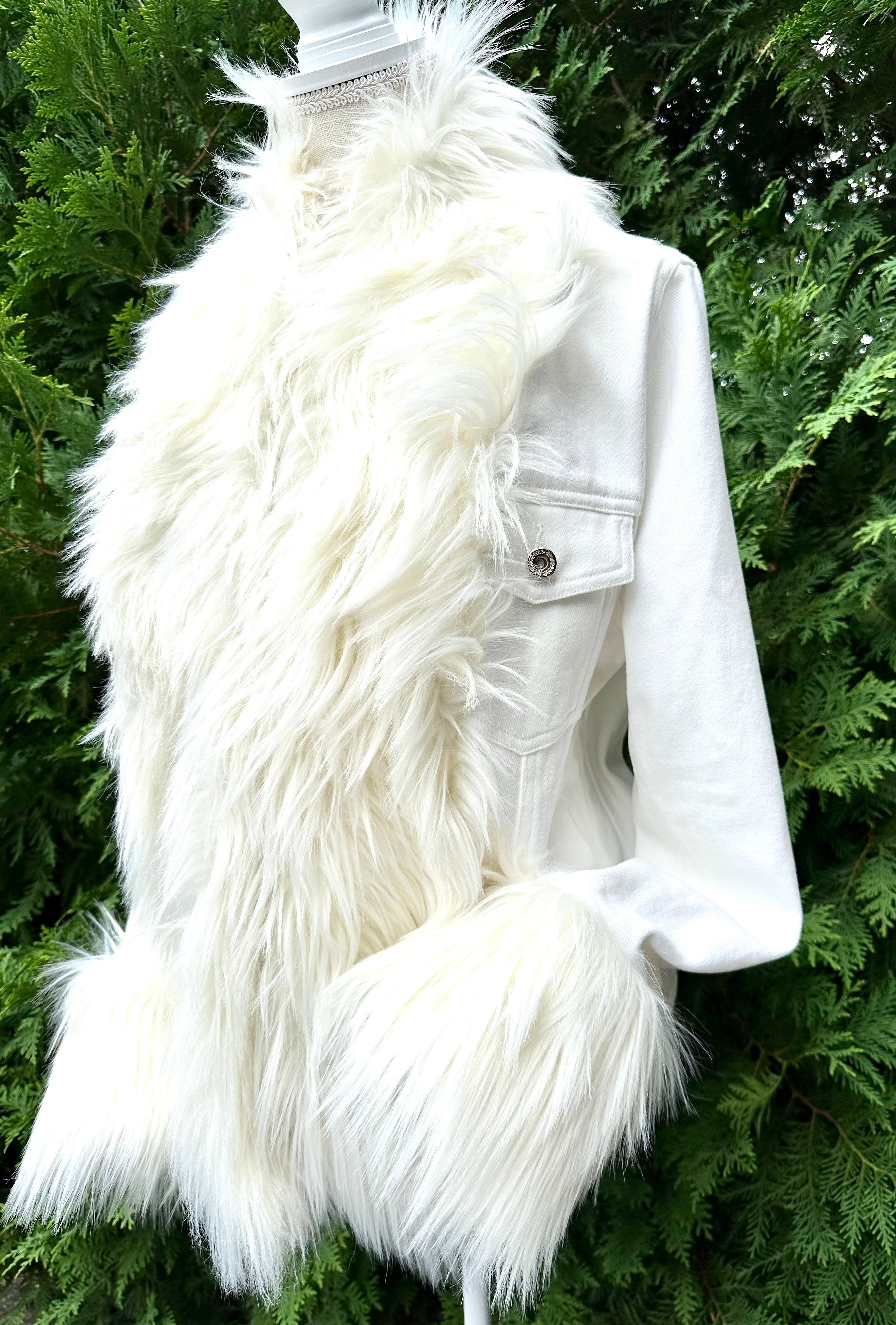 Belle White Shaggy Faux Fur White Denim Jacket – Pearly Vine