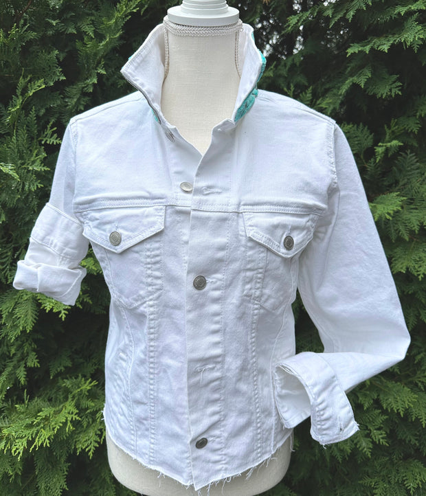 Stevie Denim Jacket - White Denim w Turquoise Velvet (ST01)