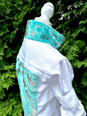 Stevie Denim Jacket - White Denim w Turquoise Velvet (ST01)