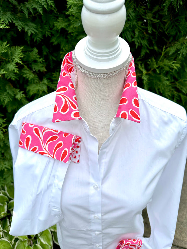 Diana French Cuff White w Red & Pink Floral and Red Dots (DFC19)