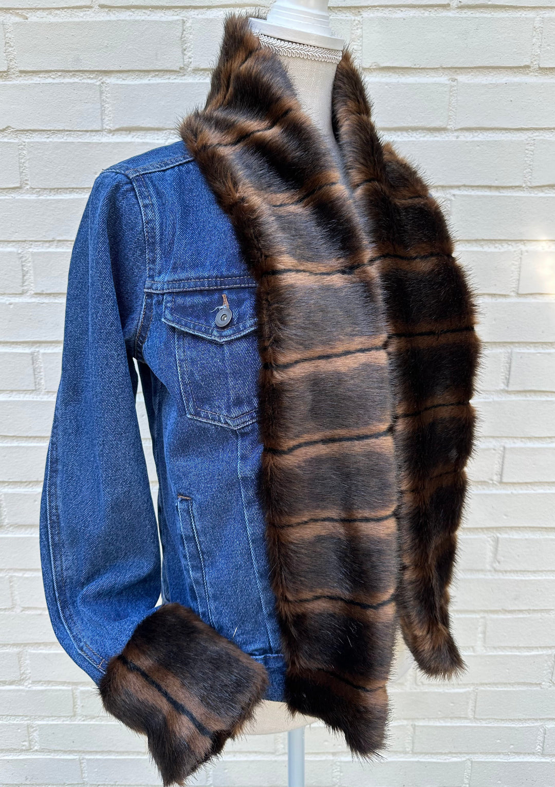 Belle Dark Mink Faux Fur Denim Jacket - Main Image