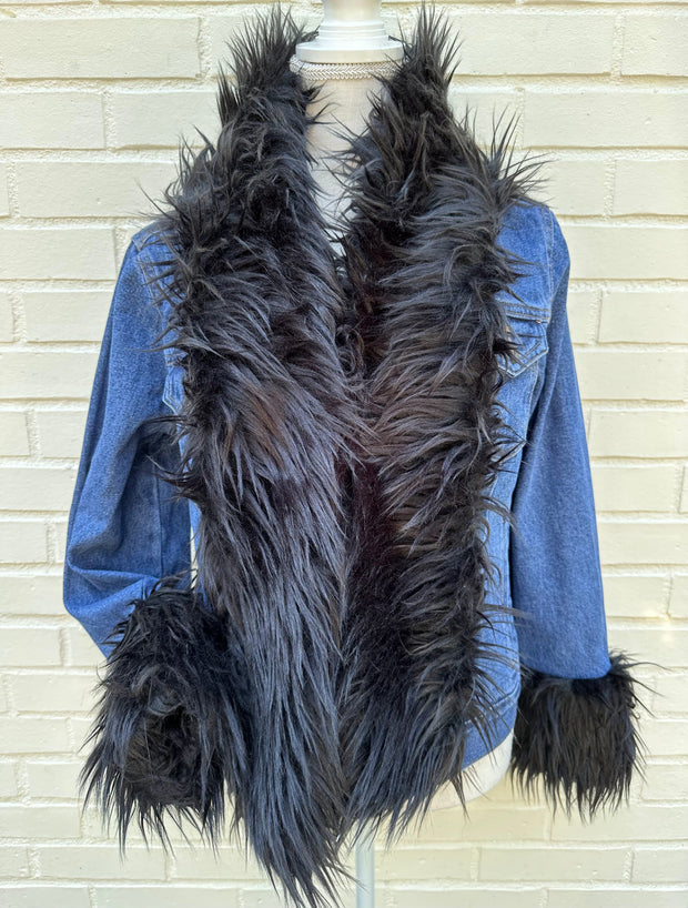 Belle Black Shaggy Faux Fur Denim Jacket
