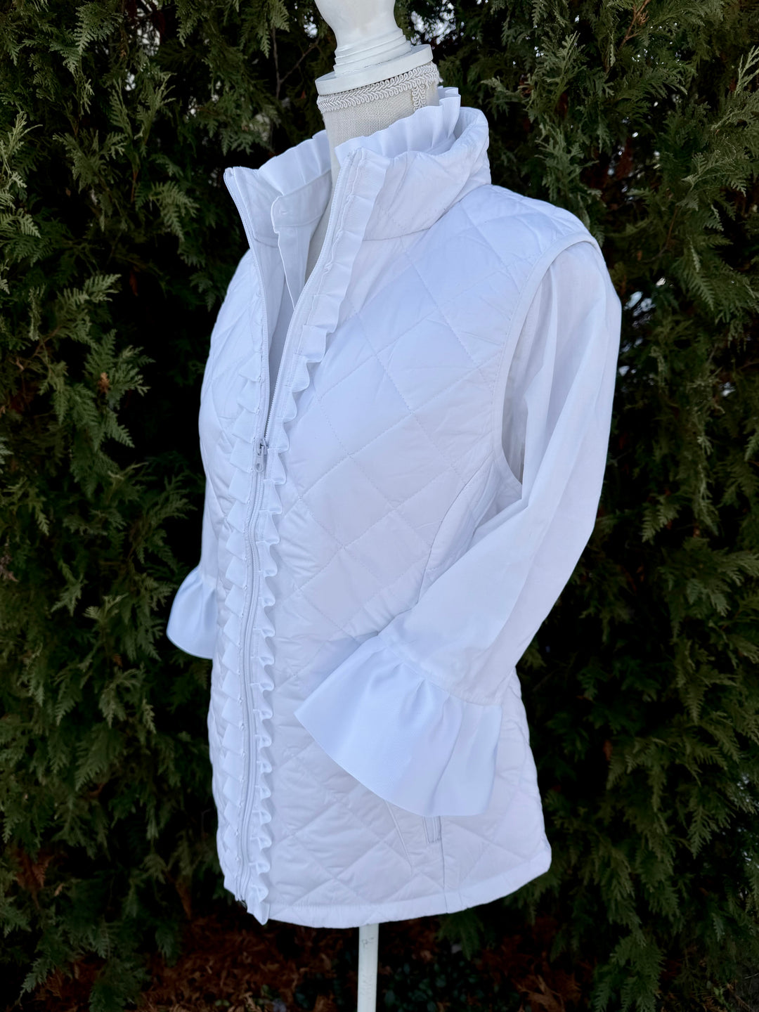 Maggie May Quilted Ruffle Vest - White w White Ribbon (MMQ12)