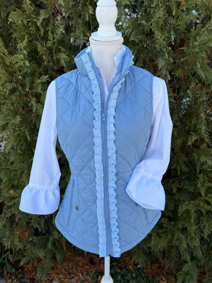 Maggie May Quilted Ruffle Vest - Dusty Blue w Dusty Blue Ribbon (MMQ10)
