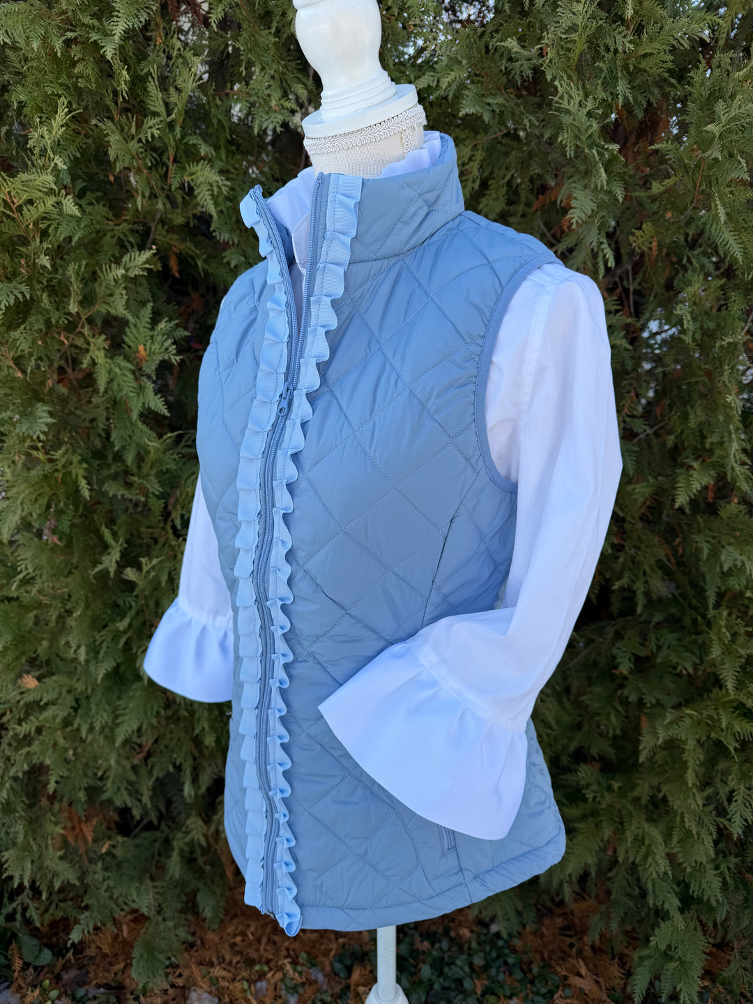 Maggie May Quilted Ruffle Vest - Dusty Blue w Dusty Blue Ribbon (MMQ10)