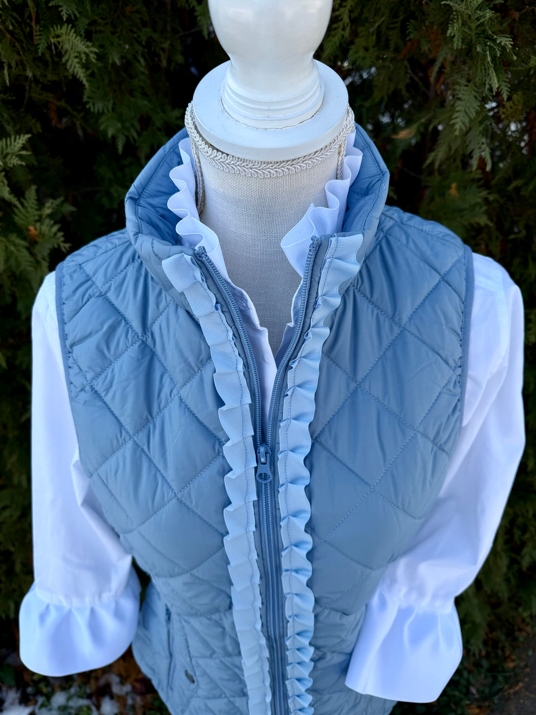Maggie May Quilted Ruffle Vest - Dusty Blue w Dusty Blue Ribbon (MMQ10)