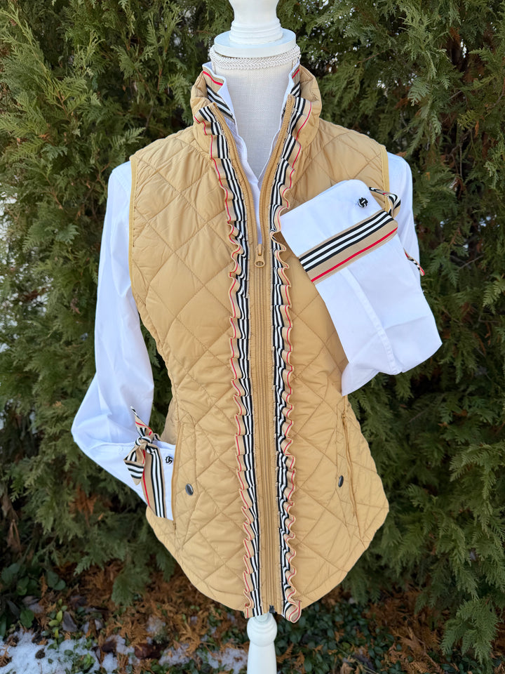 Maggie May Quilted Ruffle Vest - Khaki w Black & Red Stripe Ribbon (MMQ09)