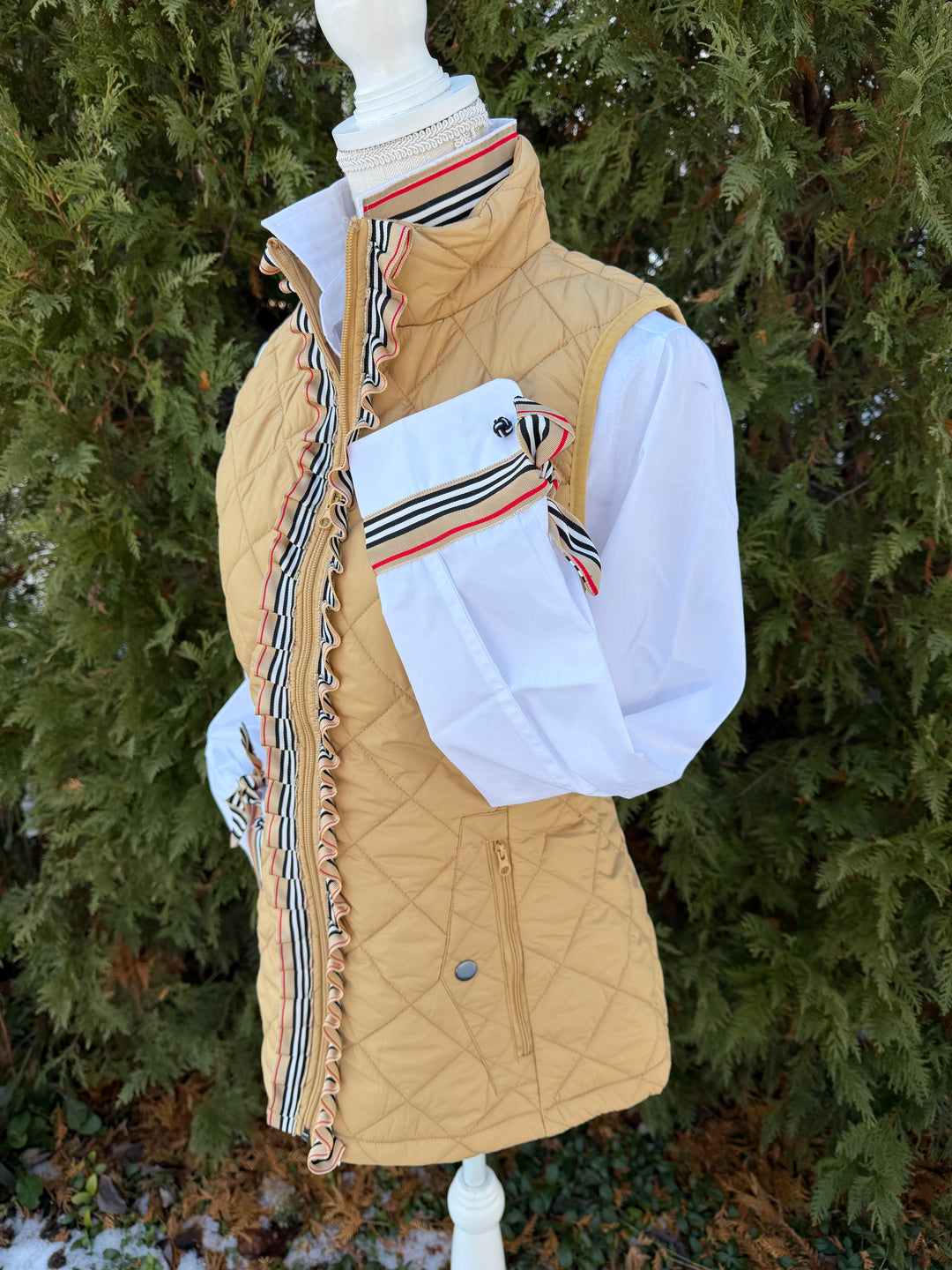 Maggie May Quilted Ruffle Vest - Khaki w Black & Red Stripe Ribbon (MMQ09)