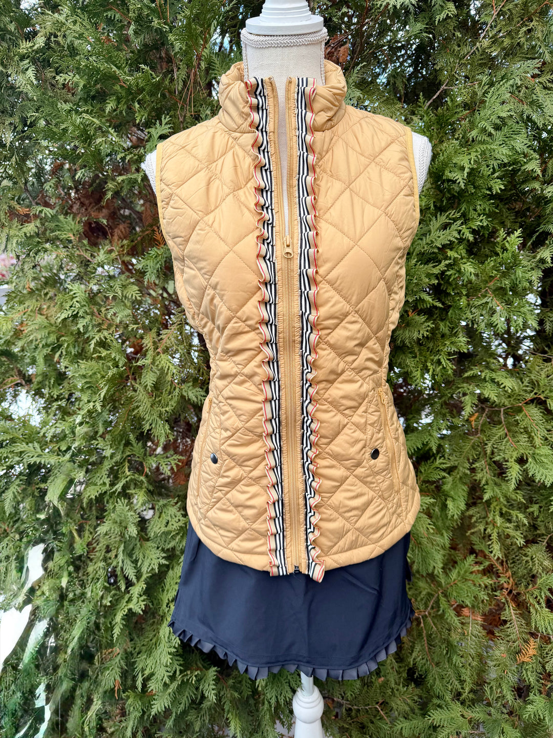 Maggie May Quilted Ruffle Vest - Khaki w Black & Red Stripe Ribbon (MMQ09)