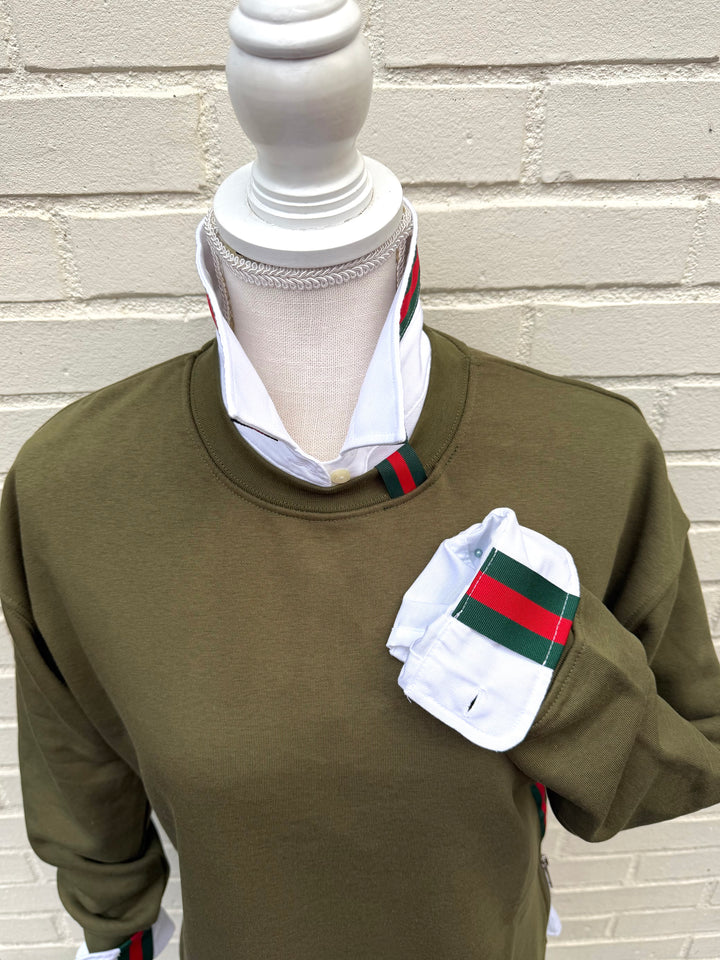 Danny Crew Neck Sweatshirt - Olive w Hunter & Red Stripe Ribbon (Danny15)
