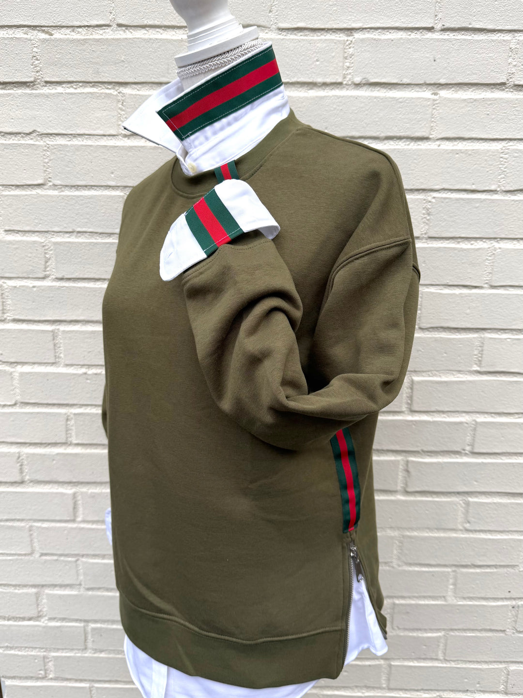 Danny Crew Neck Sweatshirt - Olive w Hunter & Red Stripe Ribbon (Danny15)