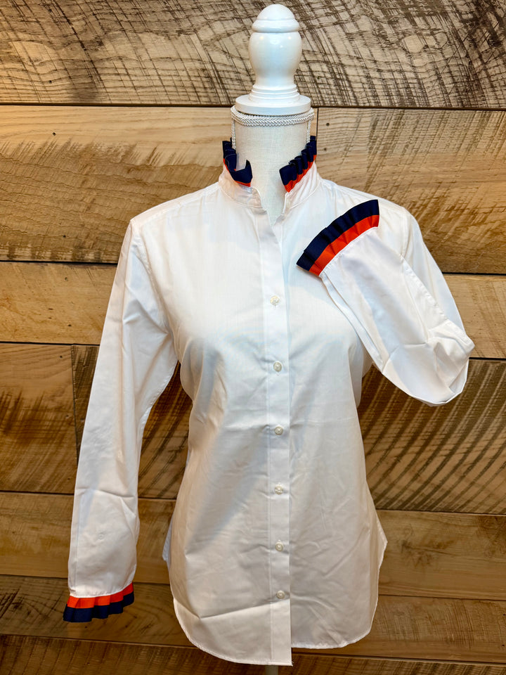 Game Day Dionne Ruffled Ribbon Shirt - White w Navy & Orange Stripe Ribbon (GDD04)