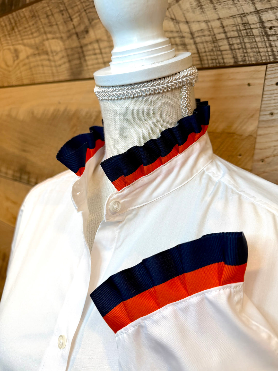 Game Day Dionne Ruffled Ribbon Shirt - White w Navy & Orange Stripe Ribbon (GDD04)