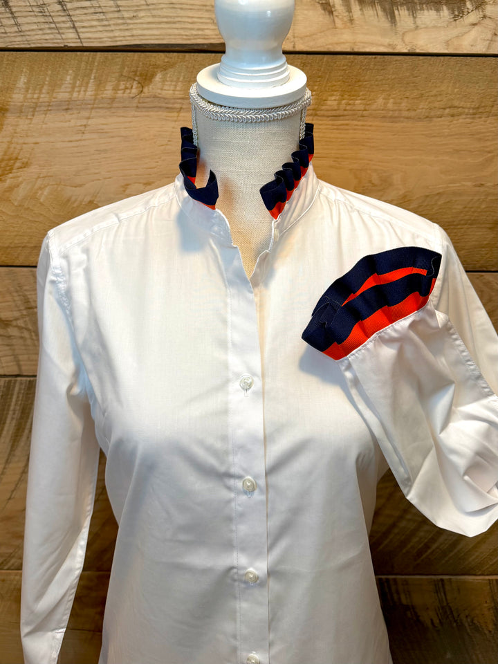 Game Day Dionne Ruffled Ribbon Shirt - White w Navy & Orange Stripe Ribbon (GDD04)