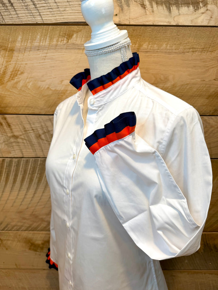 Game Day Dionne Ruffled Ribbon Shirt - White w Navy & Orange Stripe Ribbon (GDD04)
