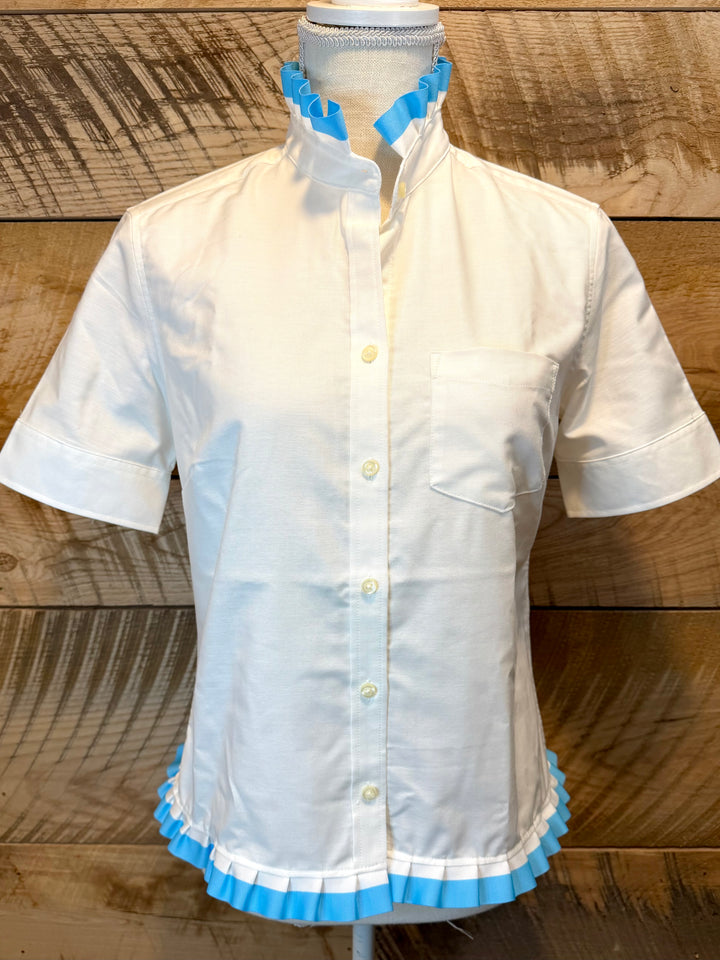 GAME DAY Ellie SS Ruffle Oxford - White w Lt. Blue & White Stripe Ribbon (GDE09)