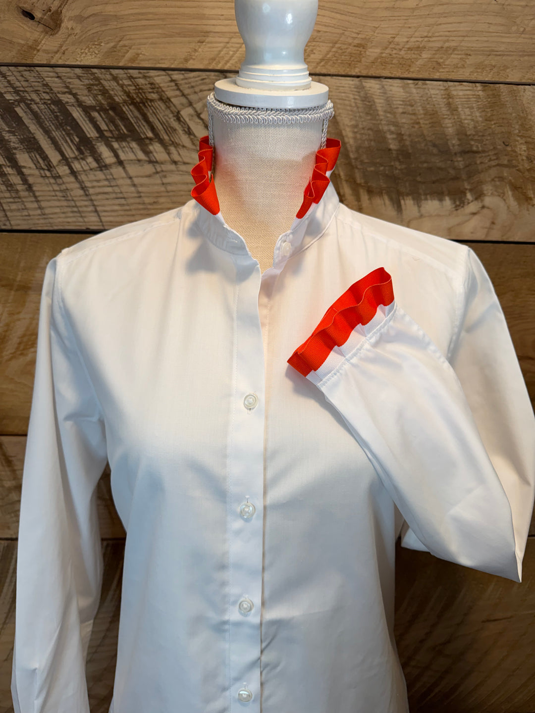 Game Day Dionne Ruffled Ribbon Shirt - White w Orange & White Stripe Ribbon (GDD10)