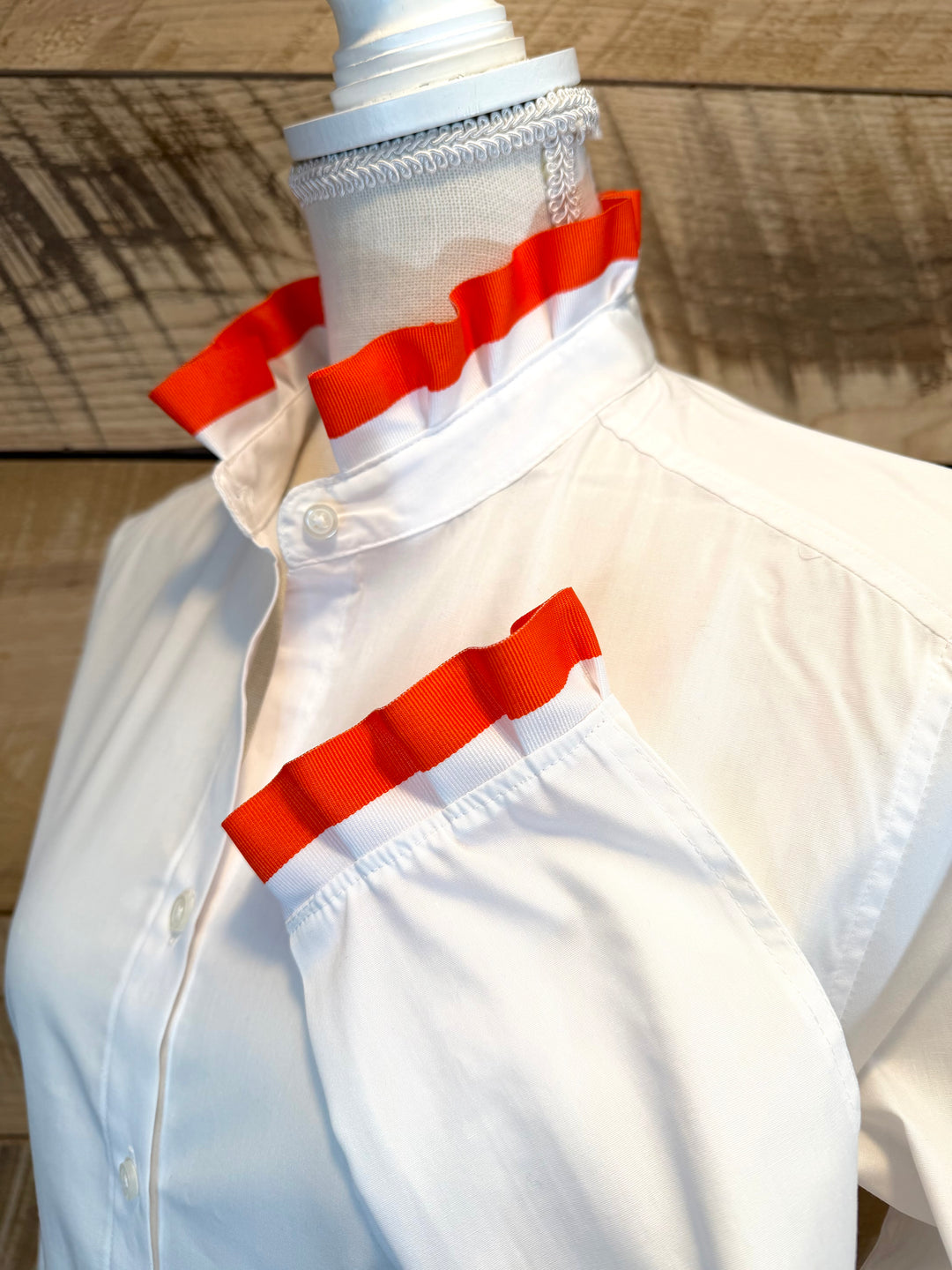 Game Day Dionne Ruffled Ribbon Shirt - White w Orange & White Stripe Ribbon (GDD10)
