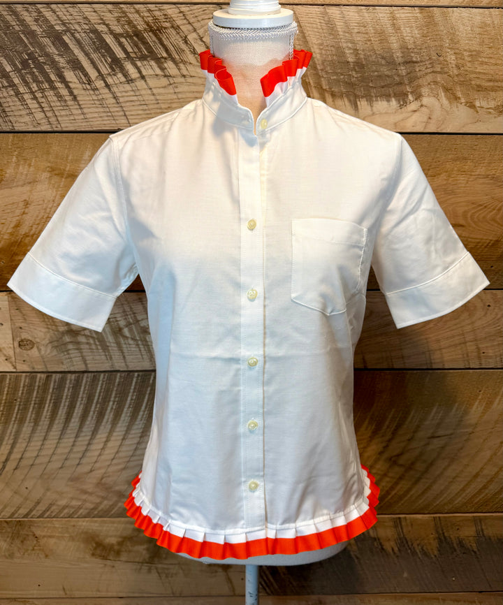 GAME DAY Ellie SS Ruffle Oxford - White w Orange & White Stripe Ribbon (GDE10)
