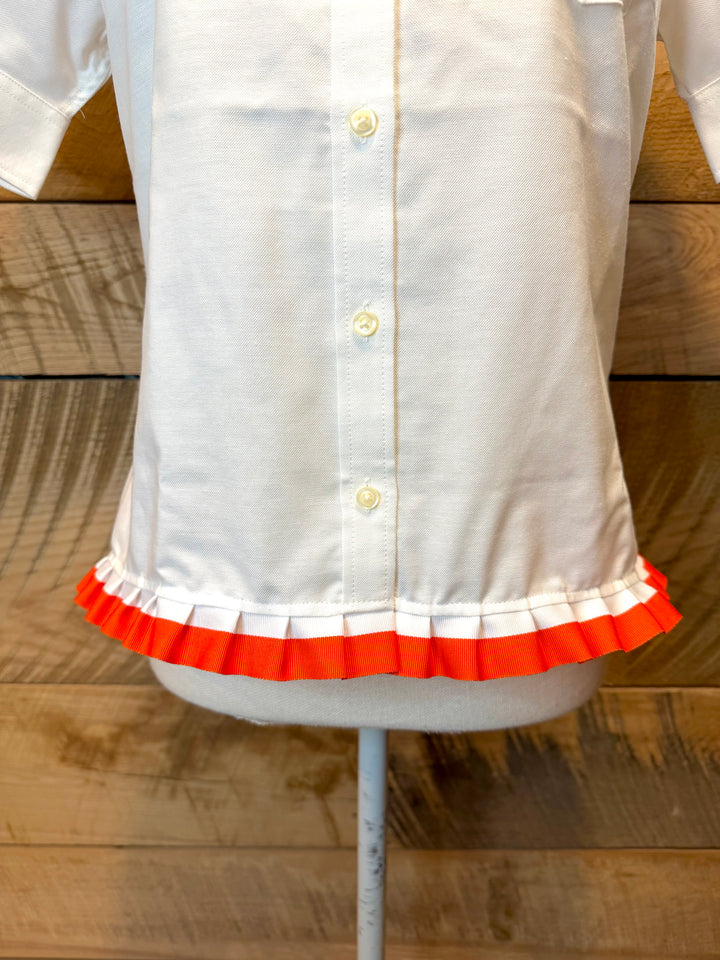 GAME DAY Ellie SS Ruffle Oxford - White w Orange & White Stripe Ribbon (GDE10)