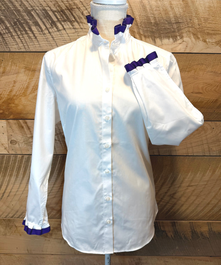 Game Day Dionne Ruffled Ribbon Shirt - White w Purple & White Stripe Ribbon (GDD11)