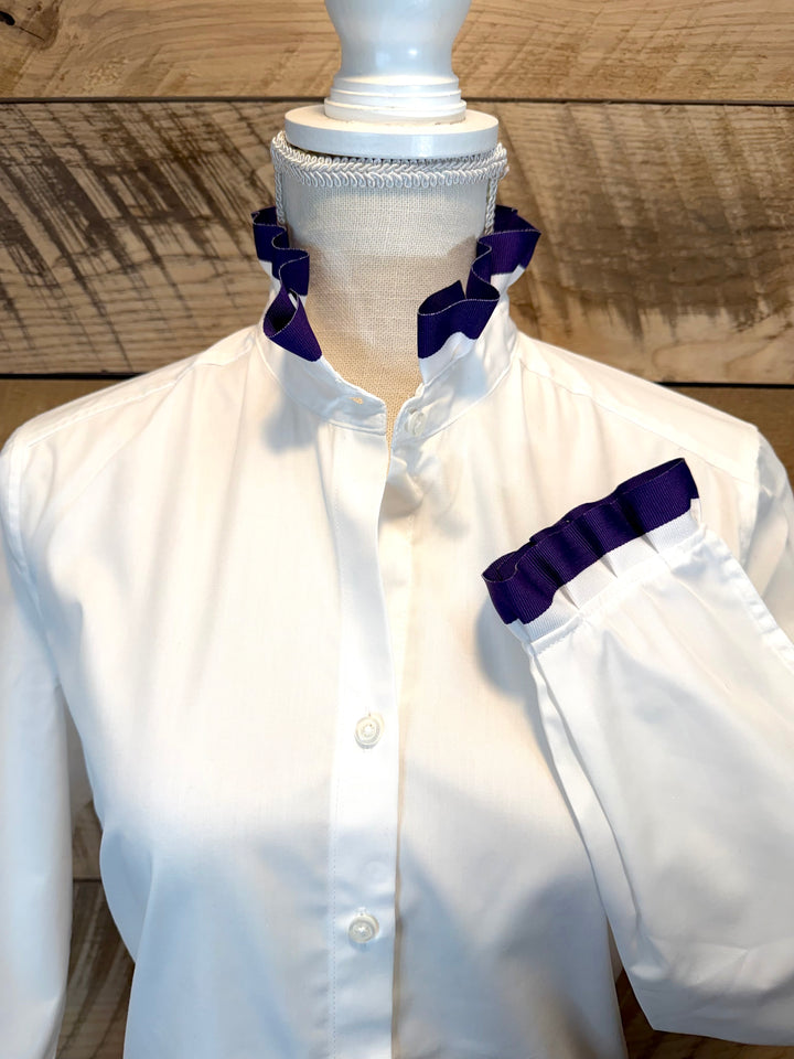 Game Day Dionne Ruffled Ribbon Shirt - White w Purple & White Stripe Ribbon (GDD11)