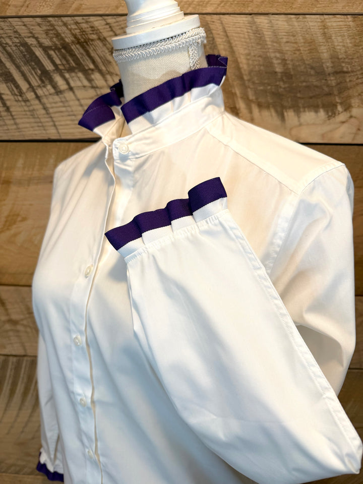Game Day Dionne Ruffled Ribbon Shirt - White w Purple & White Stripe Ribbon (GDD11)