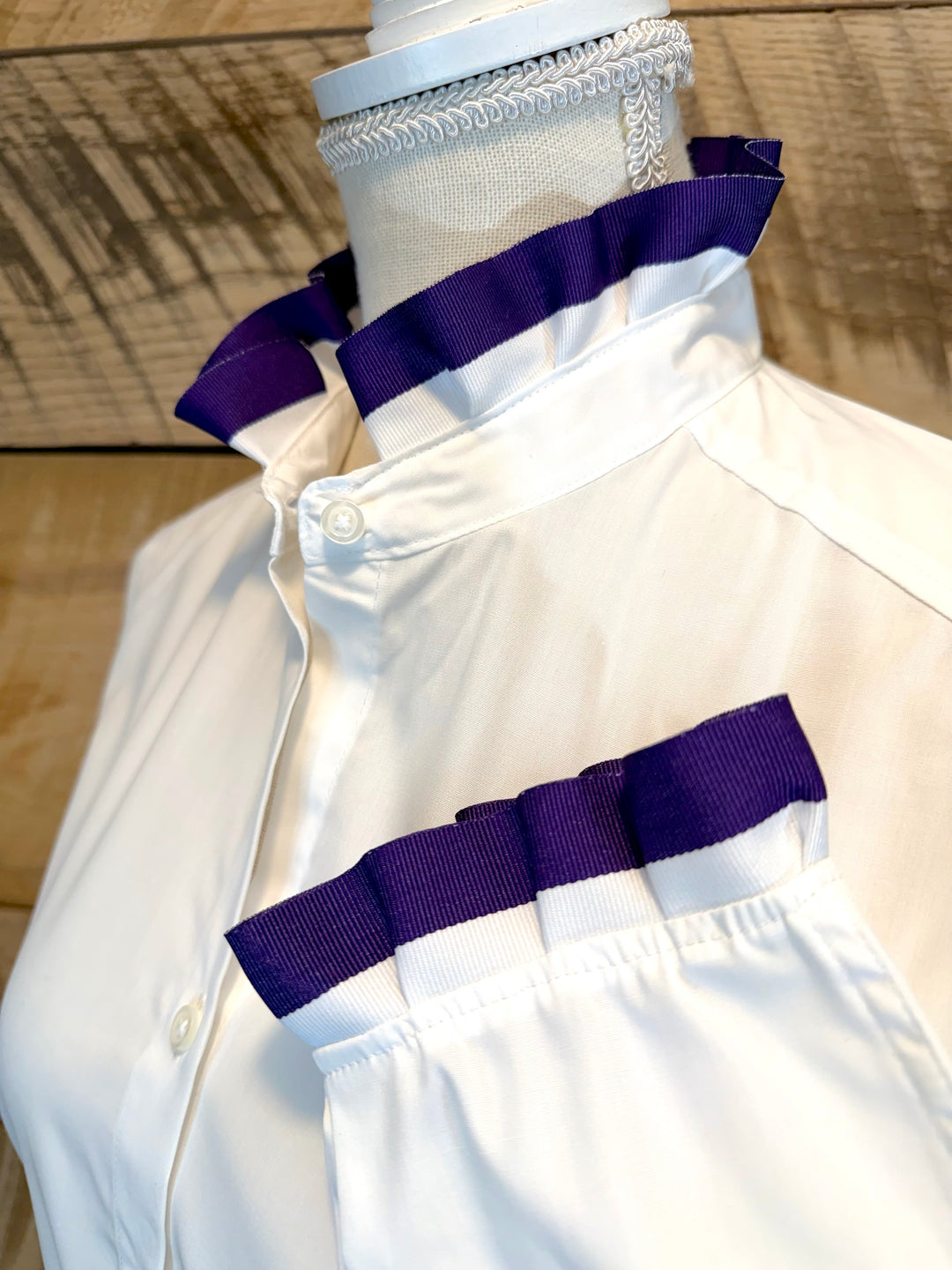 Game Day Dionne Ruffled Ribbon Shirt - White w Purple & White Stripe Ribbon (GDD11)