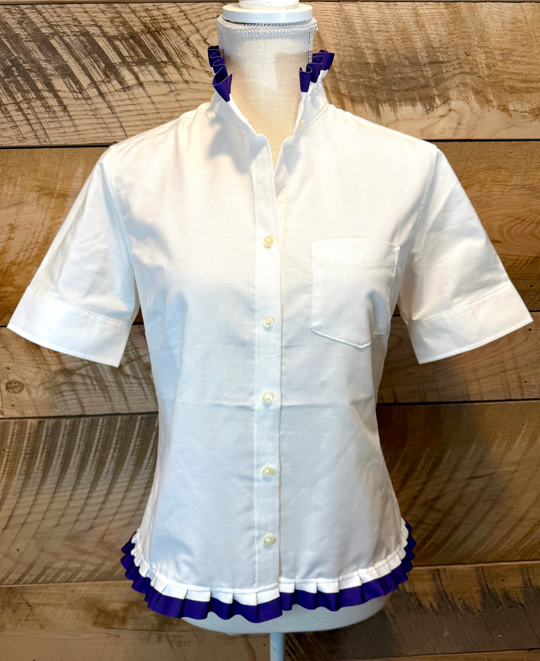 GAME DAY Ellie SS Ruffle Oxford - White w White & Purple Stripe Ribbon (GDE11)