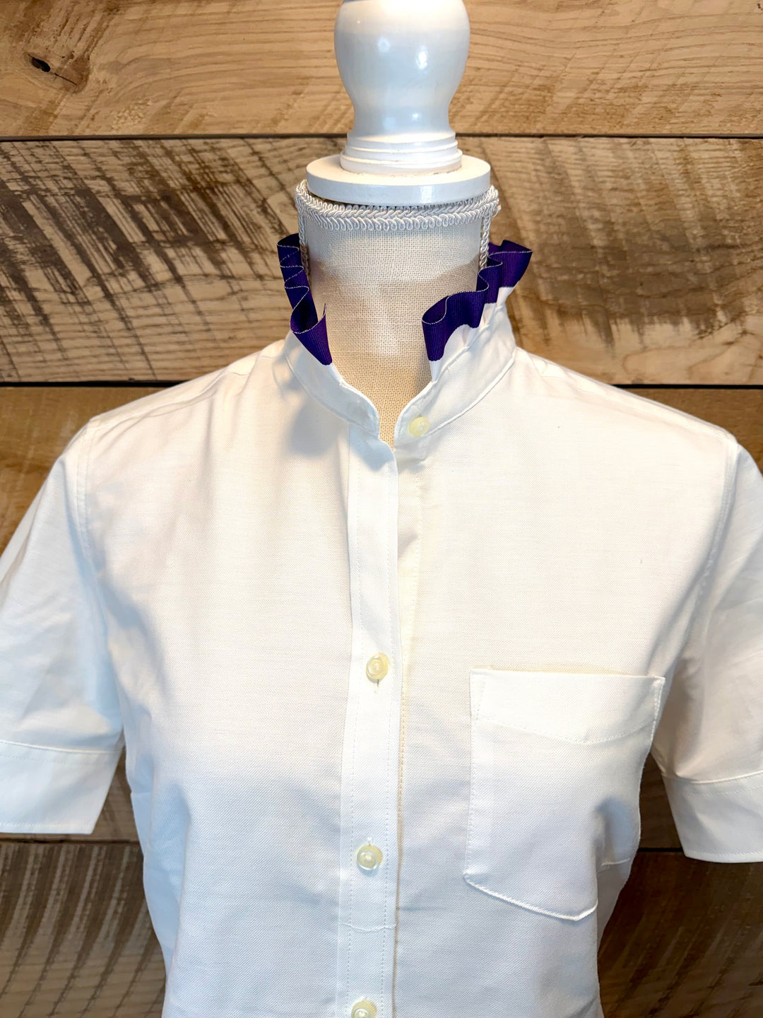 GAME DAY Ellie SS Ruffle Oxford - White w White & Purple Stripe Ribbon (GDE11)
