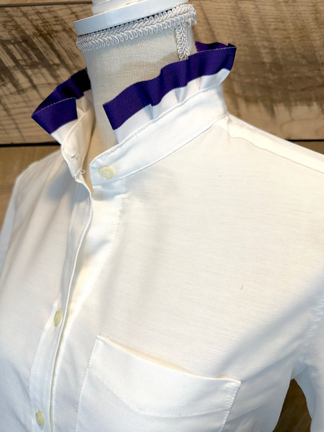GAME DAY Ellie SS Ruffle Oxford - White w White & Purple Stripe Ribbon (GDE11)
